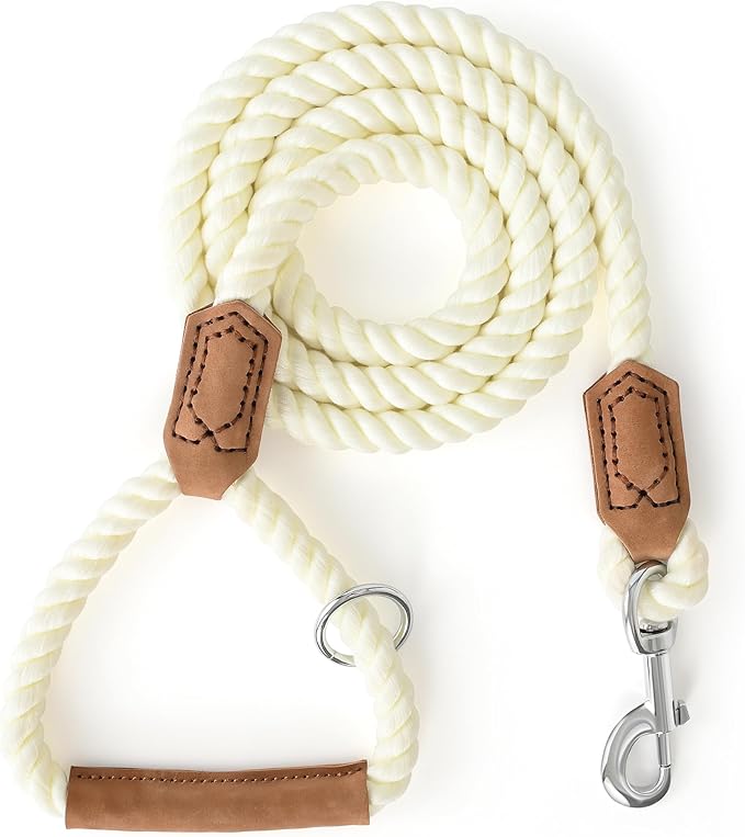 Mile High Life Dog Leash, Braided Cotton Rope Leashes with Leather Handle - Heavy Duty Metal Clasp, 4FT, 1/2" Thick - Wedding, Walking & Training Leash for Small Medium Large Dogs (White)
