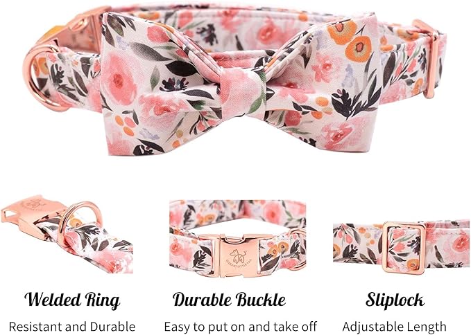 Elegant little tail Pink Floral Dog Collar, Girl Dog Collar with Bow Adjustable Soft Bow tie Dog Collars for X-Large Dogs