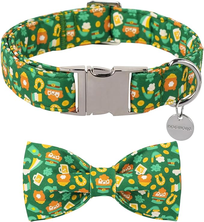 DOGWONG St Patrick Dog Bow Tie with Collar, Irish Holiday Shamrock Lucky Dog Collar for Boys and Girls Large Medium Pets Puppies