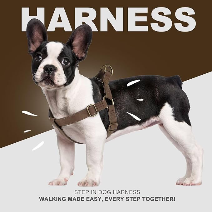 Didog Step in Dog Harness - PU Leather Dog Harness with Antique Bronze Metal Buckle, Easy Walk Dog Halter Harness for Medium Dogs Walking Training (Brown, S: Chest 16-22")