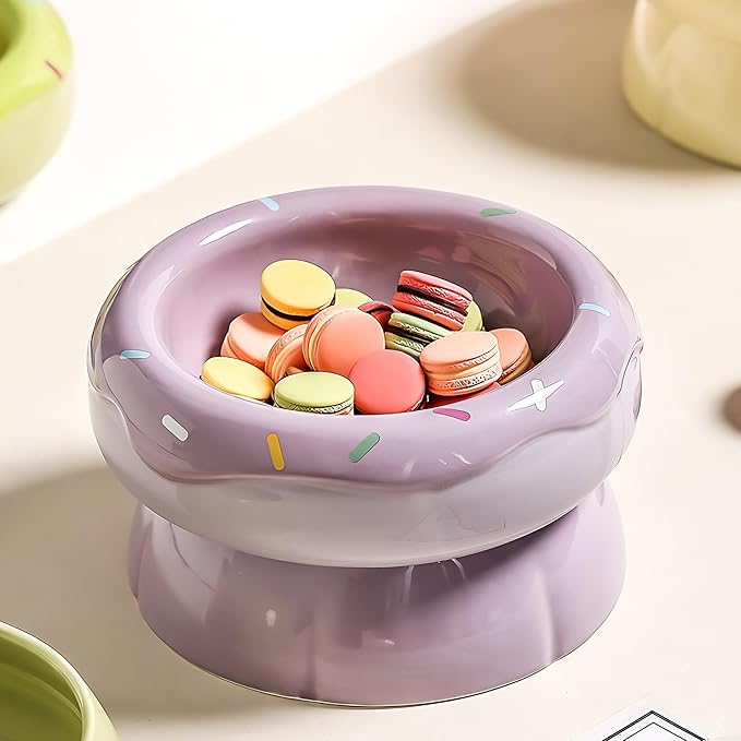 Donut Duo Ceramic Dog Bowl Set, Dual-Layer Pet Feeding Bowls with Raised Base, Non-Slip, Lead-Free Ceramic (Purple)