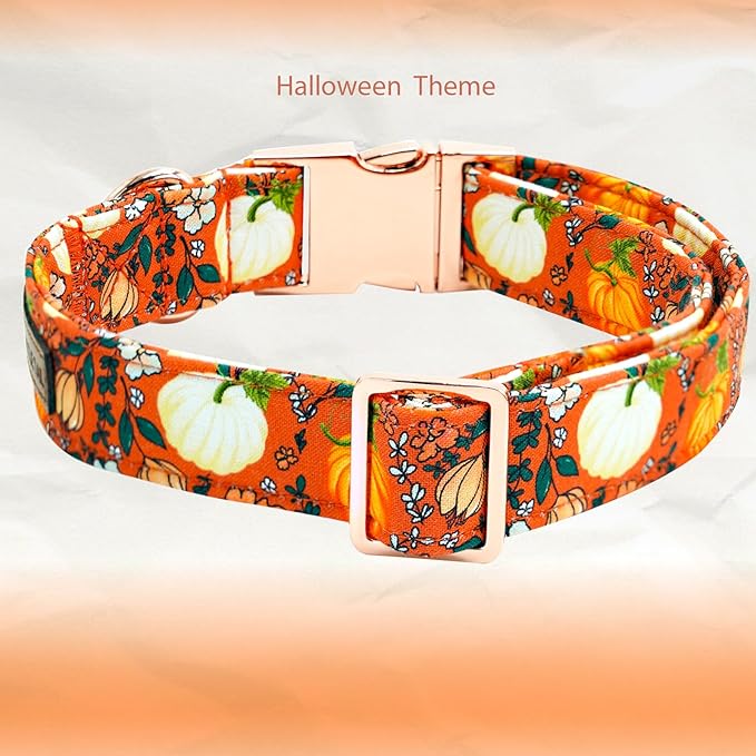 Elegant little tail Halloween Dog Collar, Pumpkin with Flower Print Halloween Pet Collars Puppy Collar with Bow Cute Adjustable Collars for Small Medium Large Dogs