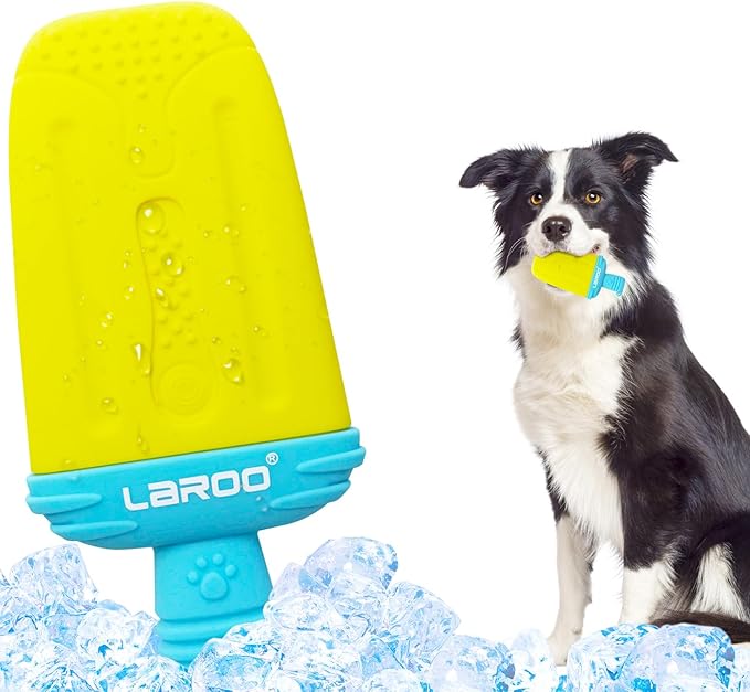 LaRoo Dogs Toys for Summer Cooling, Frozen Dog Toys, Full with Water Frozen, Prevention of Heat Stroke Upgraded Teething Chew Toy (Ice Pop Shape-Yellow)