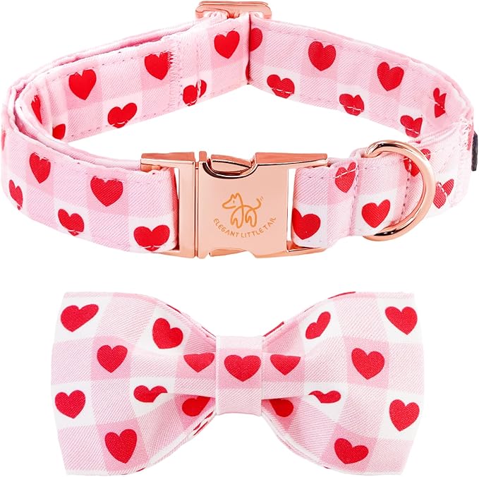 Elegant little tail Valentine's Dog Collar - Pink Plaid Red Heart Dog Collars Bowtie Pet Collars with Sturdy Metal Buckle Cute Puppy Adjustable Collar for X-Large Dogs