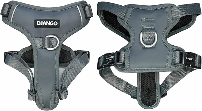 DJANGO Tahoe No Pull Dog Harness – Escape-Proof Dog Harness for Large Dogs with Front & Back Clips for Everyday Use – Adjustable, Padded, Reflective, Secure Fit, Easy On/Off – Poppy Seed Gray, XL