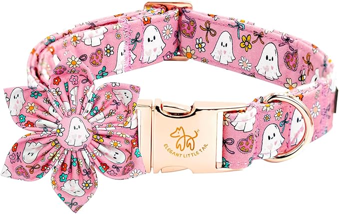 Elegant little tail Halloween Dog Collar, Pink Ghosts Print Dog Collar with Flower Puppy Collar Flower Female Cotton Adjustable Collars for Small Medium Large Dogs