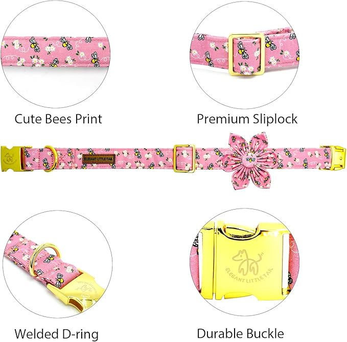 Elegant little tail Dog Collar, Spring Dog Collar with Flower Cute Bees Print Cotton Soft Female Male Pet Collar Flower Dog Collar Puppy Adjustable Dog Collar for X-Small Dogs