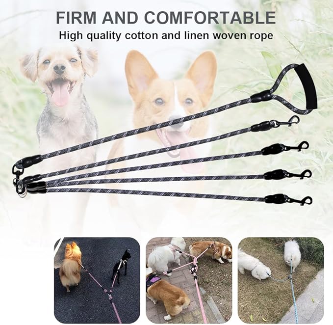 Dual Dog Leash 360° Tangle-Free - Reflective Heavy Duty, Comfortable Handle for Small/Medium/Large Dogs, Support Multiple Rope Addition (Black 1, Four Leashes)