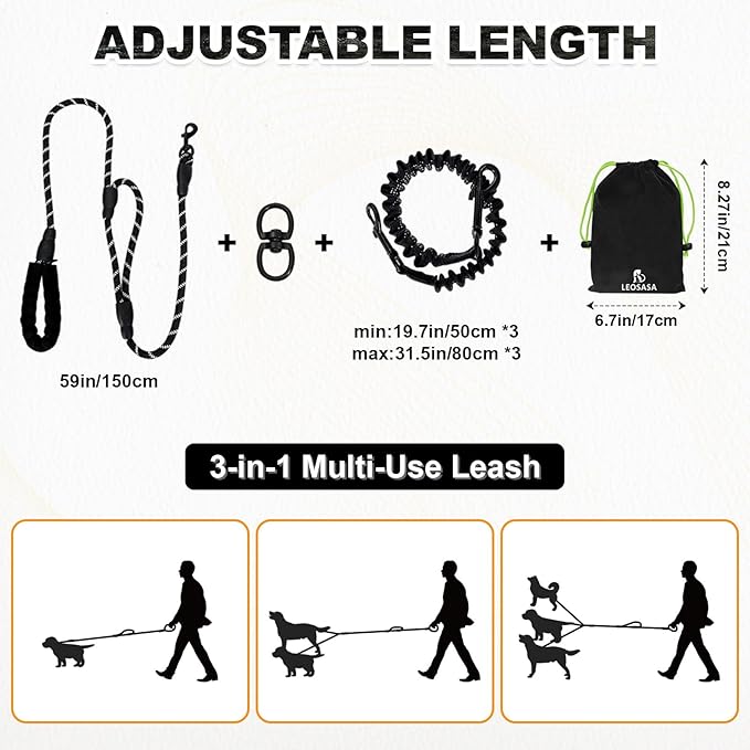 No Tangle Leash for 3 Dogs, 3-in-1 Leash with 360° Swivel & Shock Absorbing Bungee, Padded Handle No Tangle Walking Lead for Large Medium Small Dog