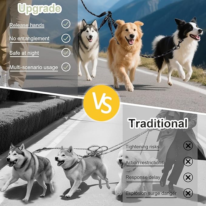 No Tangle 3 Dog Leash - Main Lead Rope with Padded Handle, Three Detachable Leash Splitters, Heavy-Duty Clip, 4.76ft for Walking, Running, Small, Medium, Large Dogs (Black)