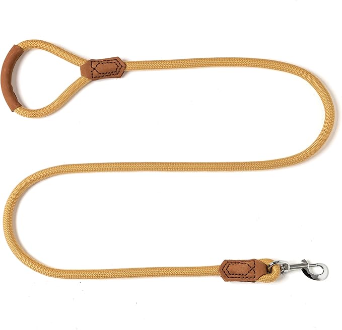 Mile High Life | Premium Leather Handle Dog Leash | Strong Rope Leash | Zinc Alloy Strong Clasp | Small Medium Large Dogs | 4/5/6 Feet(Yellow, 72 Inch (Pack of 1))