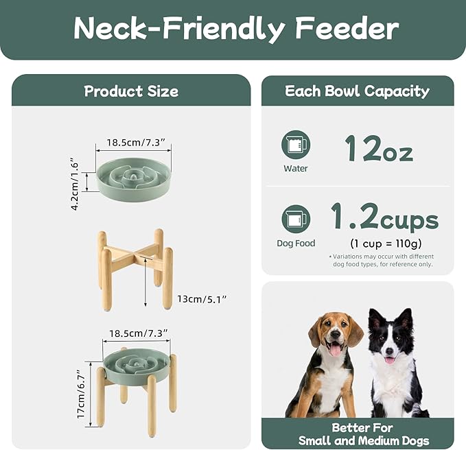 Ceramic 1.2 Cup Raised Slow Feeder Dog Bowl Set, Elevated Wooden Stand for Medium and Small Dog, 7.3inch Puzzle Slow Dish, Preventing Choking(Light Green, Single Bowl+ Stand)