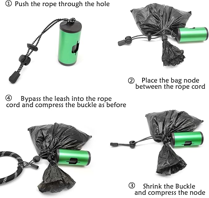 Aluminum Dog Poop Bags Holder with Carabiner Metal Pet Waste Bags Dispenser with Hook and Loop Fastener and Elastic Cord to Carry Used Bags (Emerald Green, 1 Holder 15 Bags)