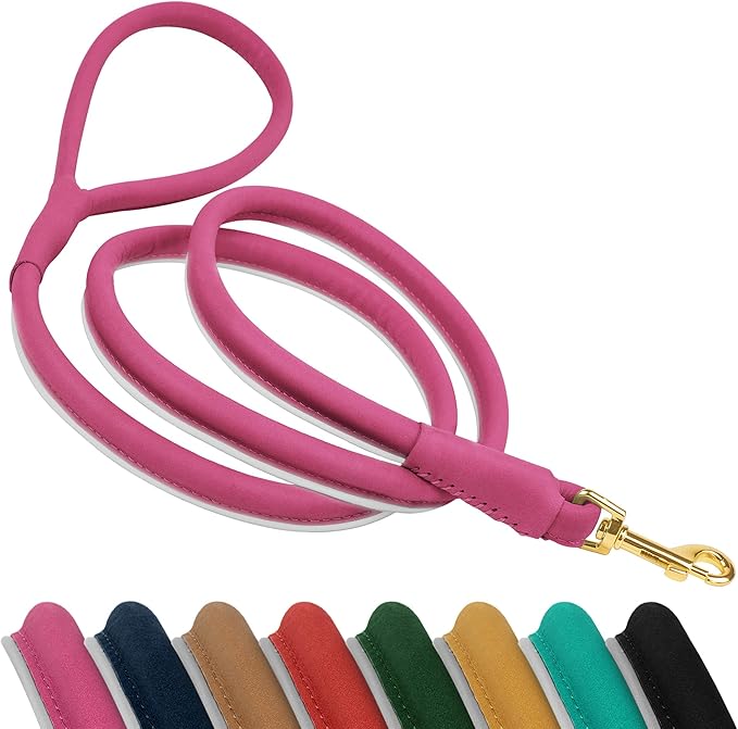 OOPSDOGGY Reflective Rolled Leather Dog Leash 6ft - Soft Training Lead for Small Medium Large Dogs Puppy - Heavy Duty Rope Puppies Leashes for Outdoor Walking Running (Pink, Medium/Large)