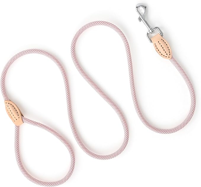 Mile High Life Small Dog Leash, Thin Lightweight Reflective Rope Leash with Genuine Leather Connection, Great for Small Medium Dogs (Pink, 48 Inch-1/3)