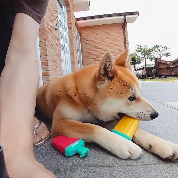LaRoo Dogs Toys for Summer Cooling, Frozen Dog Toys, Full with Water Frozen, Prevention of Heat Stroke Upgraded Teething Chew Toy (Ice Pop Shape-Yellow)