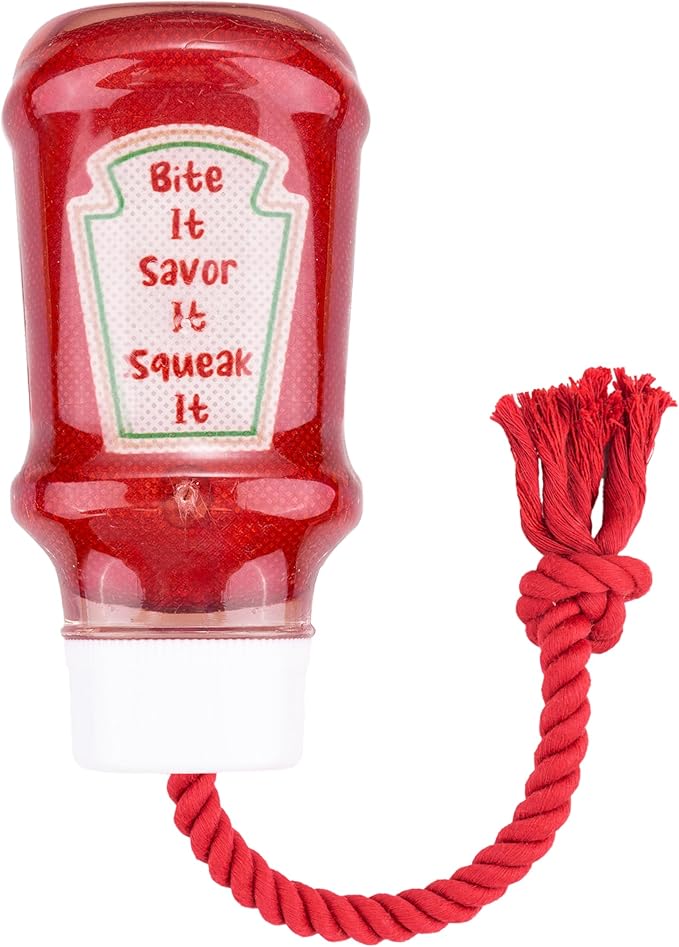 Fuzzl TPR Ketchup Bottle Rubber Dog Toy with Rope – Durable Chew & Tug Toy for Small, Medium & Large Dogs – Tough – Interactive Fetch, Tug-of-War & Dental Health Play
