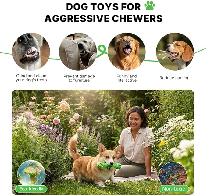 Dog Bone Chew Toy with Rope Ball - Tough Dog Toys with Textured Body for Teeth Cleaning, Dental Chew Toy for Small, Medium and Large Dogs, Green