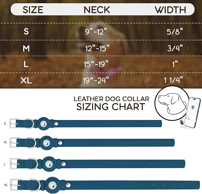 Leather Dog Collar with Airtag Holder - Apple Air Tag Dog Collars - Soft Tracking GPS Pet Collar for Small Medium Large Dogs Breed Puppy (Smoky Blue, XL, 19"-24" Neck Fit)