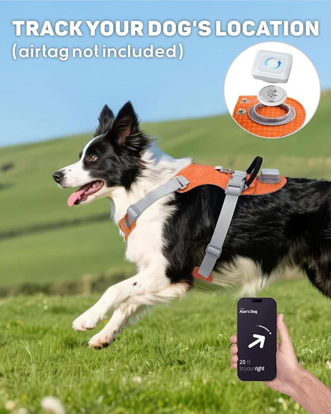 TagME No Pull Dog Harness with 2 Leash Clips,Lightweight & Visible for All-Day Walking,No Choke Pet Vest Includes AirTag Holder for Large Dogs,Flare Orange