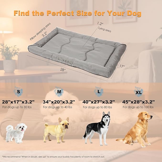 4-Season Water-Resistant Dog Beds for Metal Crates, Indoor & Outdoor Use for Dogs up to 40 lbs, Durable Oxford 900D Fabric, Plush Pillow & Supportive Foam, Washable (34 inches, Grey)