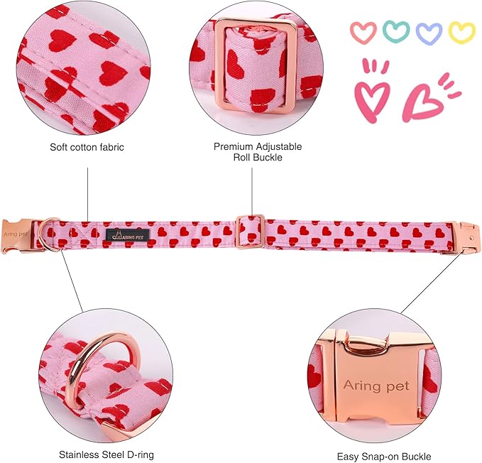 ARING PET Valentine's Day Dog Collar-Adorable Pink Heart Dog Collar with Sailor Bowtie, Comfortable Girl Dog Collars with Metal Buckle