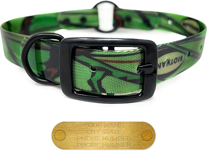 Regal Dog Products Green Camo Hunting Dog Collar with Custom Engraved Name Plate and Heavy Duty Black Hardware Center Ring | Waterproof Personalized Dog Collars | Other Sizes for Small, Medium & Large
