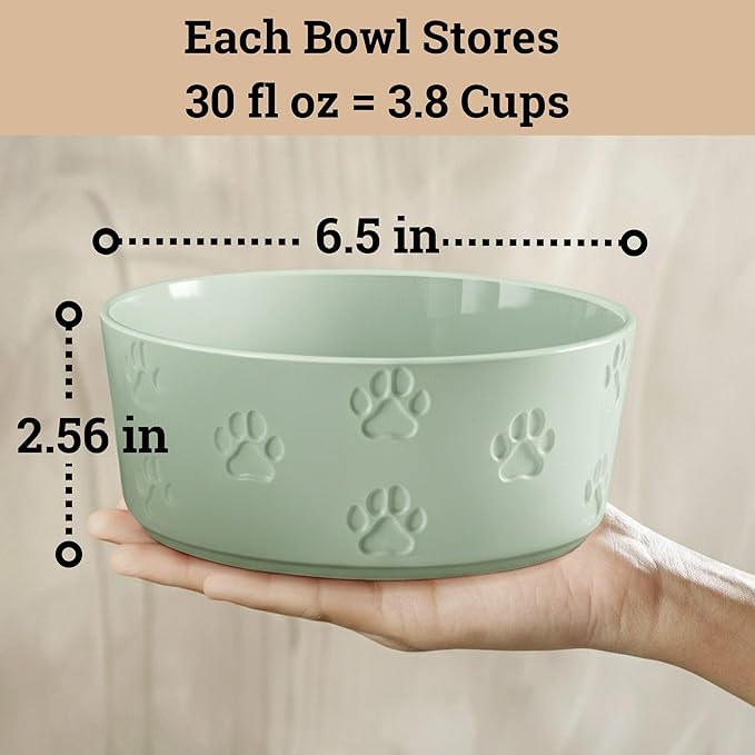 Ceramic Dog Bowl Set of 2 with Anti-Skid Base - 6.5" Wide x 2.5" Tall Ceramic Dog Bowls Medium Sized Dogs - 3.8 Cup Capacity Food and Water Bowls for Dogs - Rubber Bottom Pet Bowl Set of 2 Medium Size
