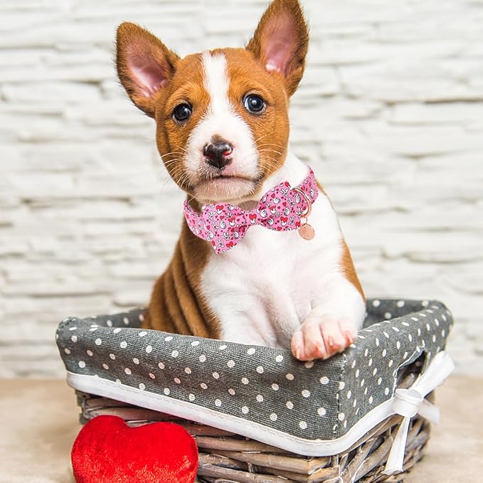 DOGWONG Valentine Dog Collar with Bow, Pink Heart Dog Collar Durable Soft Cotton Pet Dog Collar Cute Heart Valentines Day Puppy Necklace for Small Medium Large Dog