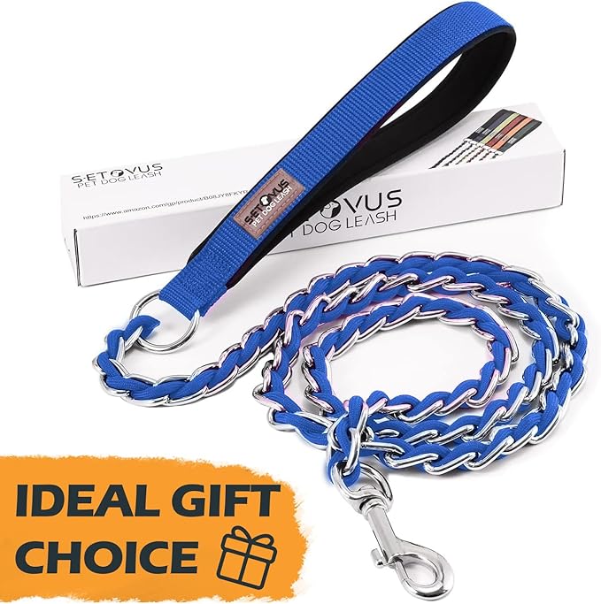 Chain Dog Leash Chew Proof Metal Leash for Medium Large Dogs, Chain Link Dog Anti Chew 5.2FT / 4FT Strong Anti Bite Comfortable Soft Padded Handle (Blue, 5FT(80-150lb))
