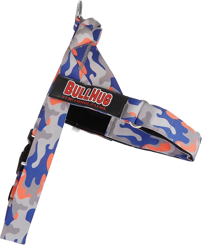 BULLHUG Adjustable Dog Harness– No Pull, No Choke – for English Bulldogs, French Bulldogs, Pugs & Broad-Chested Breeds – Easy, Safe Walks (Orange/Blue Camouflage, Medium)