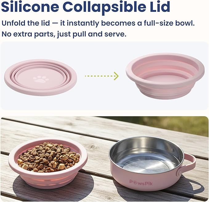 PawsPik 2-in-1 Travel Dog & Cat Bowl – Collapsible BPA-Free Silicone & 18/8 Stainless Steel, Portable & Non-Slip with Handle, Easy to Clean, Food & Water Bowl for On-The-Go Pets (Cherry Blossom Pink)