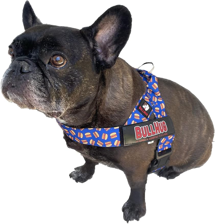 BULLHUG Adjustable Dog Harness– No Pull, No Choke – for English Bulldogs, French Bulldogs, Pugs & Broad-Chested Breeds – Easy, Safe Walks (Blue Burger, Large)