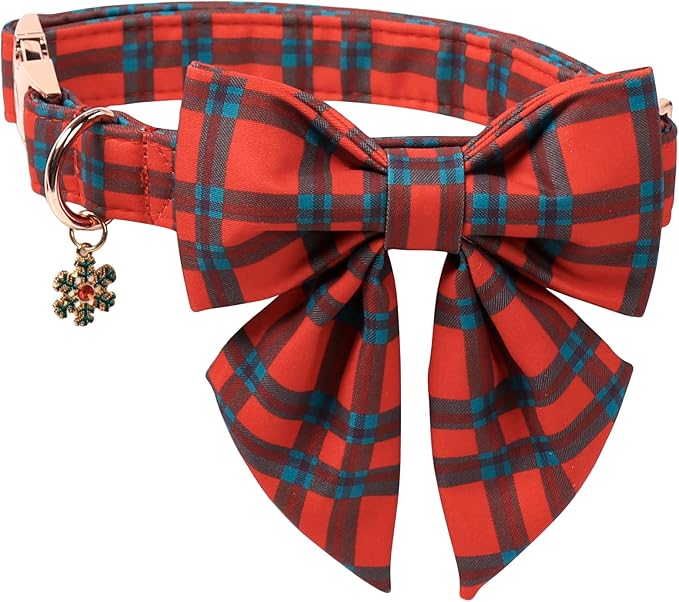 DOGWONG Christmas Dog Collar with Bow Tie, Red Green Plaid Dog Collar Durable Metal Buckle Adjustable Soft & Cute Red Checkered Dogs Collars for Small Medium Large Dogs, M