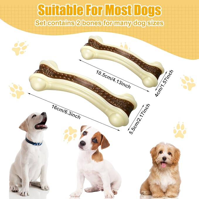 Sosation Bones Shaped Dog Toys for Aggressive Chewers, 2 Pack Christmas Dog Chew Toys Puppy Teething Nylon Beef Flavor for Large/Medium/Small Puppies Breeds(Curved Bone,Large, Small)