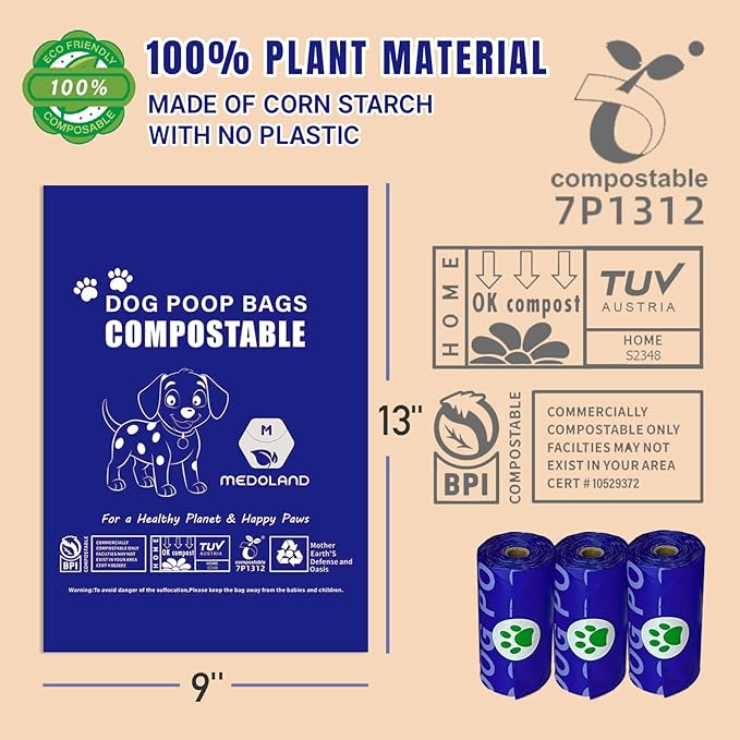 Compostable Dog Poop Bags BPI Certified Biodegradable Pet Waste Bags Leak-Proof Thickened and Opaque Eco Design (30 rolls 450 bags)