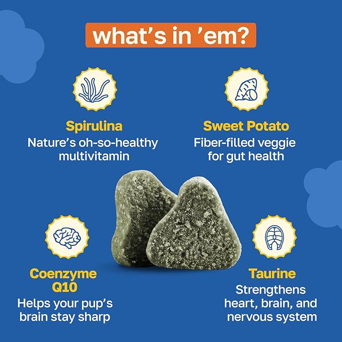 Happy Paws Cognitive Supplement for Dogs, Chicken Soft Chews with Taurine, Spirulina, CoQ10 & Vitamins B1, B3, B12, Supports Cognitive Function, Memory and Focus, Chews for Small to Large Dogs