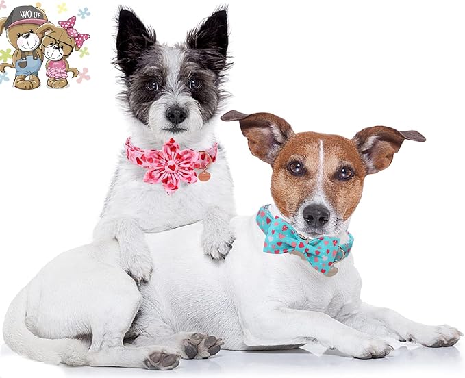 DOGWONG Valentine's Dog Collar with Flower - Pink Heart Adjustable Cotton Heart Dog Collar - Perfect for Small, Medium, Large Dogs