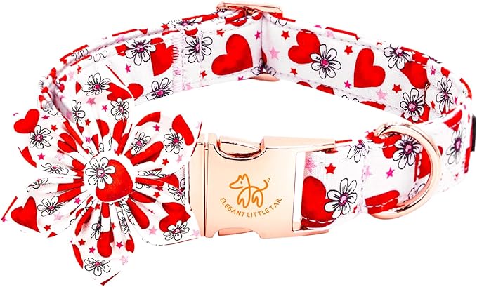 Elegant little tail Valentine's Dog Collar with Flower, Cute Flower with Heart Pet Collars Holiday Female Adjustable Cotton Pet Collar with Flowers for Small Medium Large Dogs