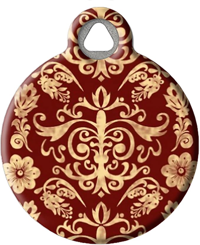 Dog Tag Art Vintage-Retro ’60s Mod Custom Pet ID Tag for Dogs and Cats, Personalized Dog Tag with Customized Identification Info, Red Baroque, Large (1.25" Diameter)
