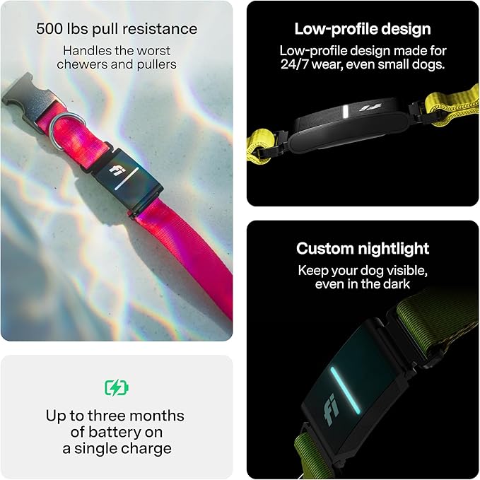New Fi Series 3+ Smart Dog Tracker Collar [6 Month Membership Included] GPS Tracker for Dogs with Health & Behavior Monitoring, Escape Alerts, Waterproof, LED, Apple Watch Compatible (Pink, Large)