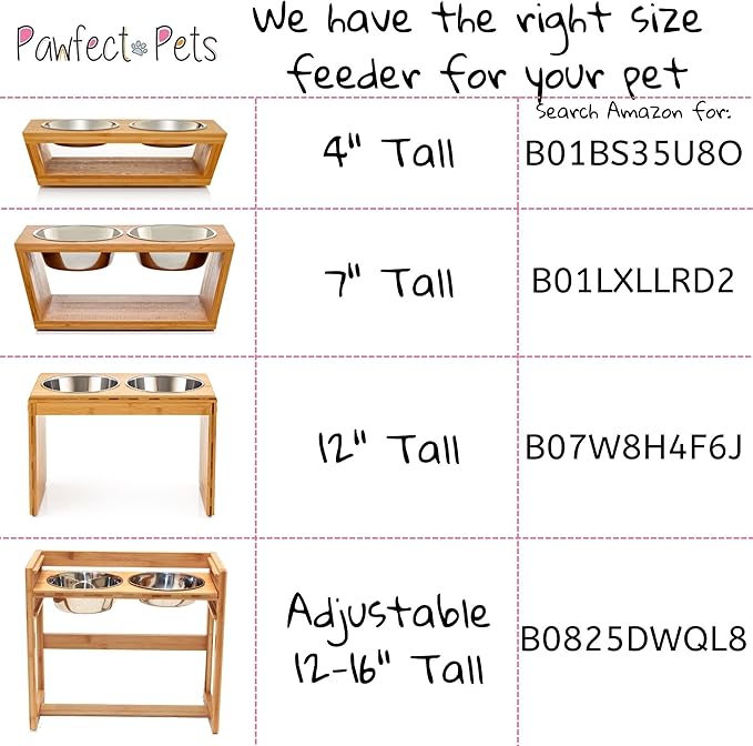 Pawfect Pets Elevated Dog Bowl Stand- 7" Raised Dog Bowl for Medium Dogs. Pet Feeder with Four Stainless Steel Bowls (Acacia)