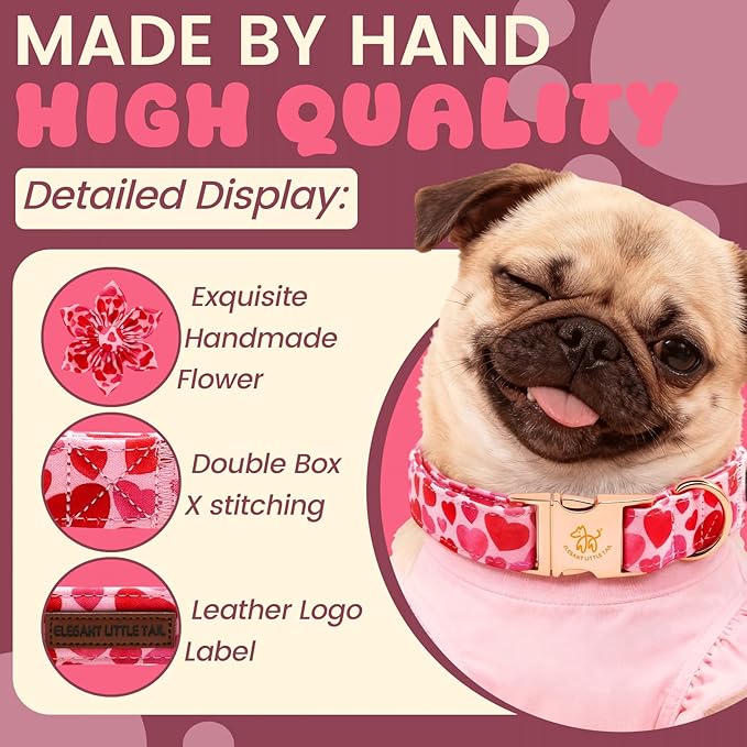 Elegant little tail Valentine's Dog Collar - Pink Red Heart Dog Collars Flower Pet Collars with Sturdy Metal Buckle Cute Flower Puppy Adjustable Collar for Small Dogs