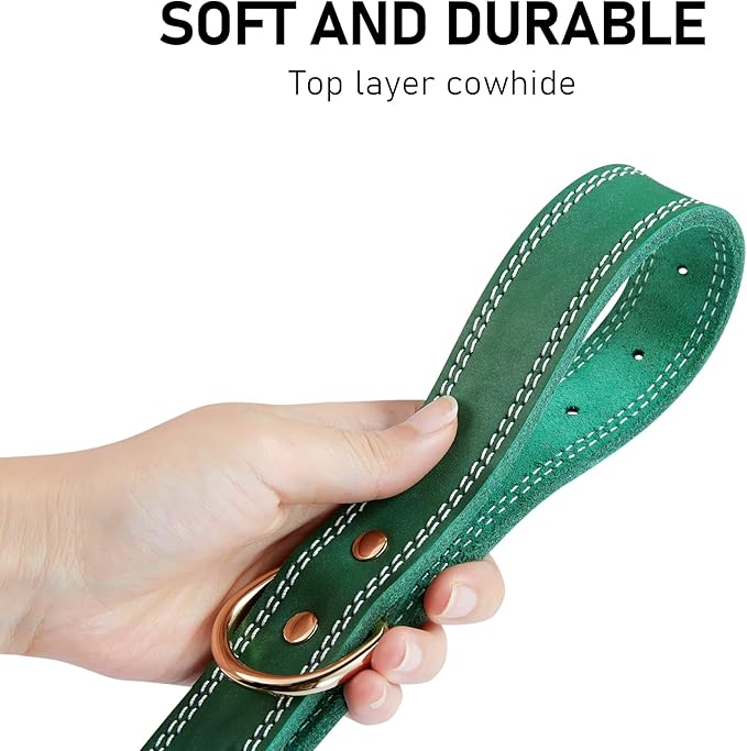 Leather Dog Collar, Heavy Duty, Wide, Genuine, for Medium & Large Dogs, Dual Stitch - Green