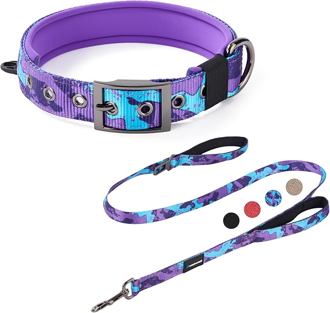 Annchwool Adjustable Dog Collar and 5 FT Leash Set with Heavy Duty Metal Buckle–Comfortable Lining Collar & Dual-Handles for Medium Large Dogs Walking,Car Travel(Camo Purple Set,L:17''-23'')