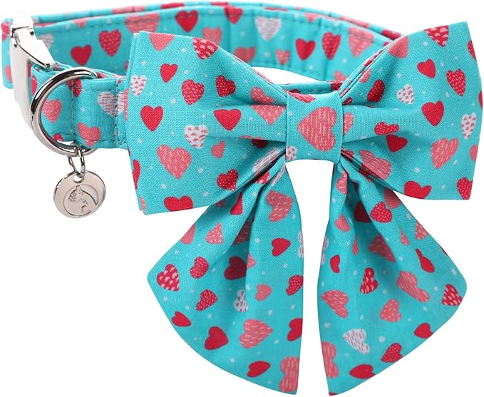 DOGWONG Valentine's Dog Collar with Sailor Bowtie - Blue Heart Adjustable Cotton Heart Dog Collar - Perfect for Small, Medium, Large Dogs