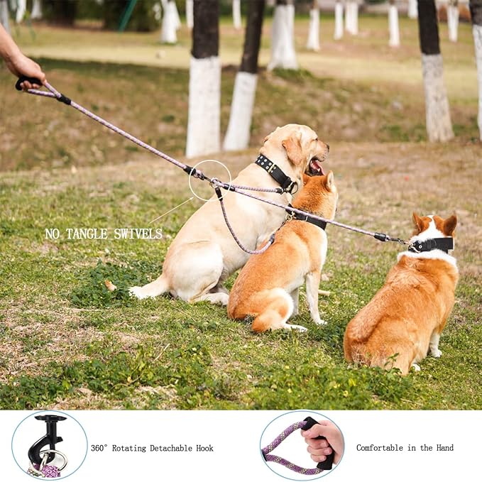 3 Dog Leash - Padded Handle, 360° Swivel Multiple Dog Leash No Tangle, Lead for Medium Large Dogs, Walking & Training Double Dogs (Purple Green)