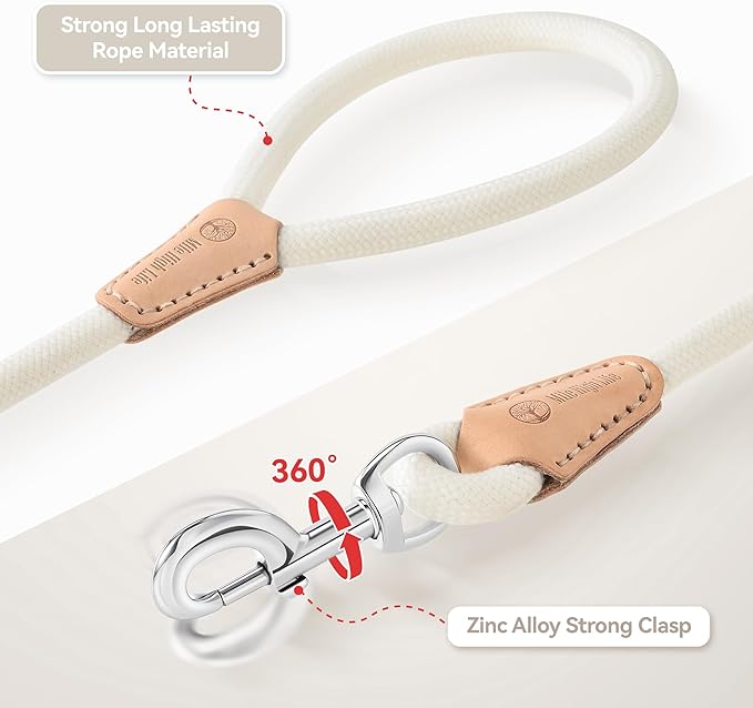 Mile High Life Dog Leash, Rope Leash with Genuine Leather Connection and Heavy Duty Metal Clasp, Great for Small Medium Large Dogs(Cream White,60 Inch)