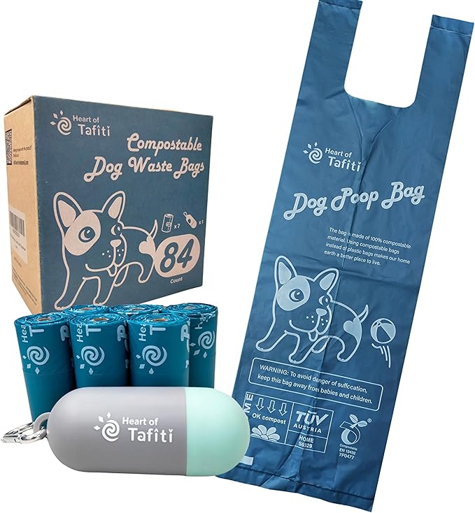 Home Compostable Dog Poop Bags with Handles & Holder, Plant-Based Dog Waste Bags, Extra Thick & Leak Proof, Unscented, Easy-Tie 9 x 13 Inches, 84 Count