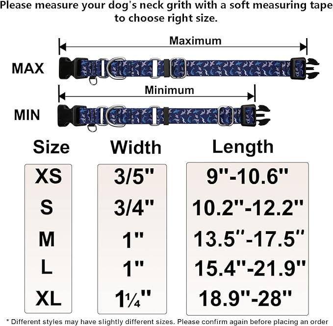 Martingale Collar for Dogs with Buckle Shark Dog Collar Adjustable Soft Nylon Boy Dog Collars for Puppy Dogs, Deep Blue Shark